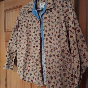 Talbots Petites Tan Floral Button-Up Top with Denim Accents Size Small